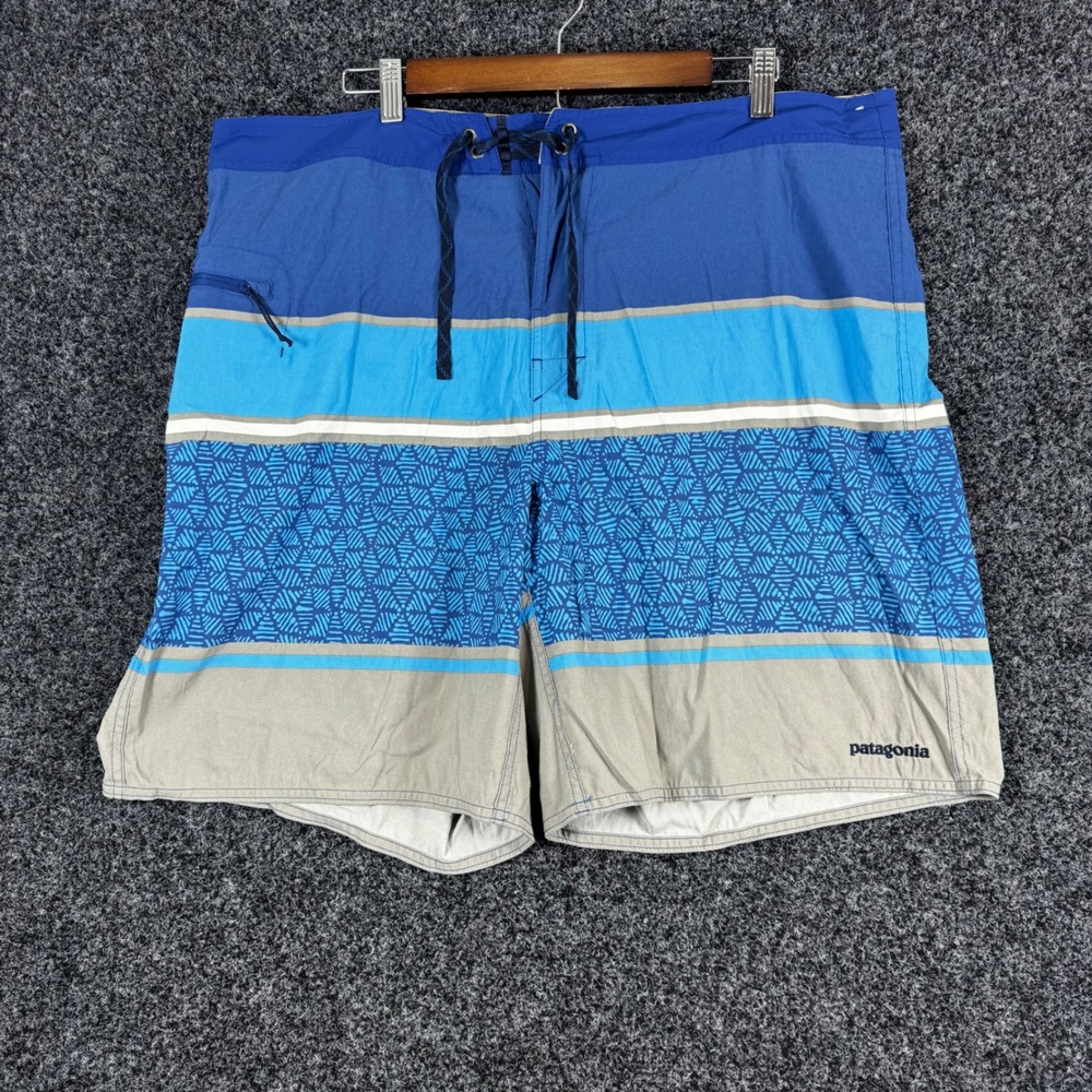 Patagonia Mens Board Shorts Size 40 Blue Grey Striped Geometric Swim Trunks